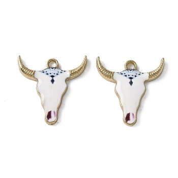 Zinc Alloy Enamel Pendants, Light Gold, Cattle Head, White, 22.5x20.5x2.5mm, Hole: 2mm