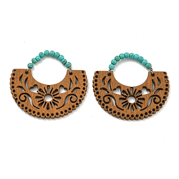 Laser Cut Poplar Wood Pendants Bag Charms with Dyed Synthetic Turquoise, Peru, 36x40x2.5mm, Hole: 17x19.5mm