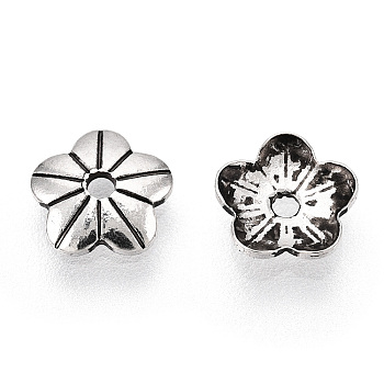 Tibetan Style 925 Sterling Silver Bead Caps, 5-Petal Flower, Antique Silver, 6x6x0.5mm, Hole: 1mm