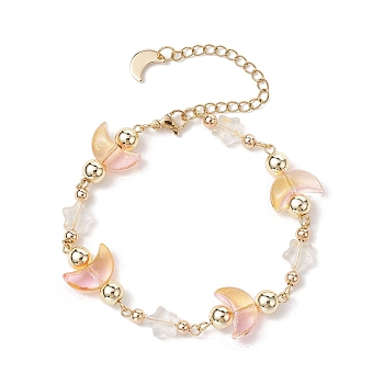 Moon & Star Glass Beaded Bracelet with 304 Stainless Steel Clasps, Golden, 7-3/4 inch(19.7cm)