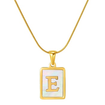 Stainless Steel Snake Bone Chain Alphabet Necklace with Shell Pendant, Letter E, Golden