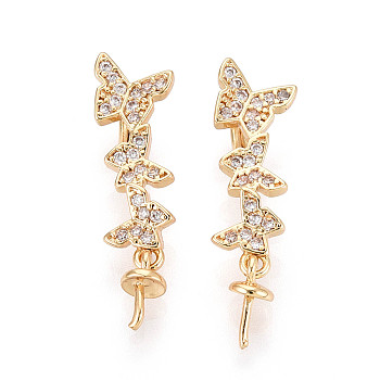 Brass Micro Pave Cubic Zirconia Cup Pearl Peg Bails Pin Pendants, Butterfly, for Half Drilled Beads, Real 18K Gold Plated, 20x7x5mm, Hole: 5x2mm, Pin: 0.9mm