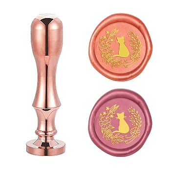 DIY Scrapbook, Brass Wax Seal Stamp Flat Round Head and Handle, Rose Gold, Cat Pattern, 25mm