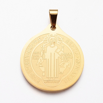 304 Stainless Steel Pendants, Flat Round with Saint Benedict, Golden, 40x35x2mm, Hole: 10x4mm