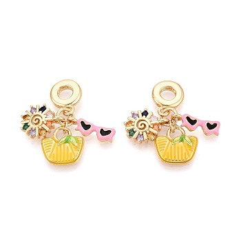 Brass Micro Pave Colorful Cubic Zirconia and Enamel European Dangle Charms, Handbag & Glasses & Sun, Large Hole Pendants, Real 18K Gold Plated, 29mm, Hole: 4.8mm