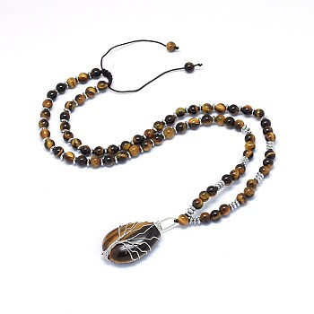 Natural Tiger Eye Pendant Necklaces, with Brass Findings, Teardrop with Tree, 23.62 inch(60cm)