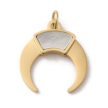 304 Stainless Steel with Shell Moon Charms, Real 14K Gold Plated, 13.5x12x1.9mm, Hole: 2.4mm