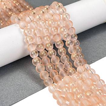 Frosted Transparent Glass Bead Strands, with Gold Powder, Round, PeachPuff, 6mm, Hole: 1mm, about 146pcs/strand, 31.02''(78.8cm)