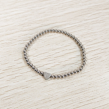 304 Stainless Steel Beads Stretch Bracelets for Women, Heart with Letter, Stainless Steel Color, Letter P, Inner Diameter: 2.24 inch(5.7cm)