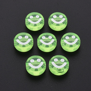 Transparent Acrylic Beads, with Glitter Powder, Flat Round with White Enamel Smile Face, Pale Green, 10x5mm, Hole: 2mm