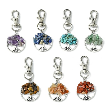 Flat Round with Tree of Life Tibetan Style Alloy Pendant Decorations, Chakra Synthetic & Natural Mixed Gemstone Beads and Swivel Lobster Claw Clasps Charm, 60mm, Flat Round: 29x25x5mm, 7pcs/set