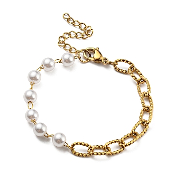 Ion Plating(IP) 304 Stainless Steel Paperclip & Plastic Pearl Beaded Chain Bracelet, Golden, 6-1/4 inch(16cm)