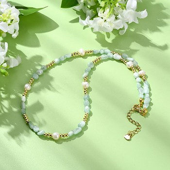 Natural Glass Tumbled Stone, Nuggets & Potato Pearl & Brass Beaded Necklaces for Women, Golden, 16.69 inch(42.4cm)