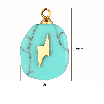 Synthetic Turquoise Pendants, Oval Charms, with Golden Tone Stainless Steel Lightning Slice, 17~18x11~12x3.5~4.3mm