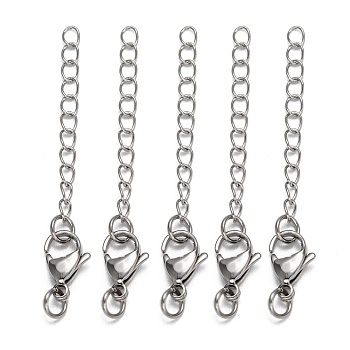 304 Stainless Steel Chain Extender, Stainless Steel Color, 65~70mm, Clasp: 9x15mm, Chain: 43mm, Ring: 6x1mm.