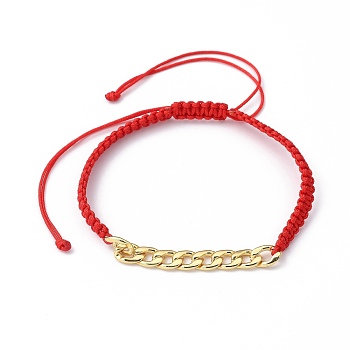 Unisex Adjustable Nylon Thread Braided Bead Bracelets, with Golden Plated Brass Curb Chains, Red, Inner Diameter: 2~4-1/4 inch(5.2~10.7cm)