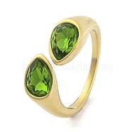 Ion Plating(IP) 304 Stainless Steel Rhinestone Teardrop Cuff Open for Women, Real 14K Gold Plated, Peridot, Inner Diameter: 18mm(RJEW-N046-04E-G)