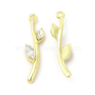 Rack Plating Alloy Pendants, with Glass, Leafy Branch Charms, Cadmium Free & Nickel Free & Lead Free, Light Gold, Clear, 27.5x7.5x3mm, Hole: 1.4mm(FIND-C018-07LG-01)