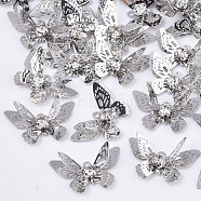 Brass Filigree Pendants, with Crystal Rhinestone, 3D Butterfly, Platinum, 12x20x4~7mm, Hole: 1.2mm(KK-R082-07P)