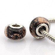 Handmade Lampwork Gold Sand Effect European Large Hole Rondelle Beads, with Silver Color Plated Brass Double Cores, Black, 14x9mm, Hole: 5mm(LPDL-M013-10)