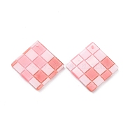 Checkerboard Style Rhombus Acrylic Pendants, Pink, 28x28x2.5mm, Hole: 1.2mm(OACR-G008-01E)