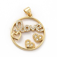 Rack Plating Brass Micro Pave Clear Cubic Zirconia Pendants, Long-Lasting Plated, Lead Free & Cadmium Free, Round Ring with Heart and Word Love, Real 18K Gold Plated, 24x22x3mm, Hole: 3.5x4mm(ZIRC-F129-41G)