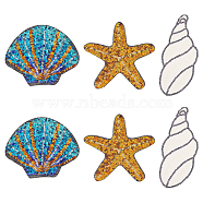 6Pcs 3 Style Beach Theme Glitter Cloth Patches, Iron on/Sew On Sequin Applique, for Sewing Craft Decoration, Starfish & Shell & Conch Shape, Mixed Color, 100~150x64~125x1mm, 2pcs/style(PATC-FG0001-18)