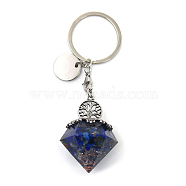 Reiki Energy Natural Lapis Lazuli Chips in Resin Diamond Shape Pendant Keychain, with Tree of Life Charm, 9cm(FIND-PW0017-11E)