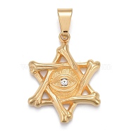 304 Stainless Steel Pendants, with Crystal Rhinestone, Star of David with Evil Eye, Golden, 42x32.5x4mm, Hole: 6x11.5mm(STAS-K214-29G)