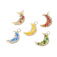 Glass Bead Moon Pendants, with Brass Open Back Bezel Pendants Finding, Mixed Color, 26~26.5x18~19x3~4mm, Hole: 4.6mm(PALLOY-JF02019)