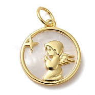 Natural Shell Pendants, Rack Plating Brass Prayer Angel Charms, with Jump Ring, Lead Free & Cadmium Free, Real 18K Gold Plated, 17.5x15.5x2.5mm, Hole: 4.5mm(X-KK-M271-08G)