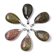 Natural Unakite Pendants, with Stainless Steel Pinch Bails, Teardrop, Stainless Steel Color, 24x15x9~10mm, Hole: 5x4mm(G-N0326-023D)