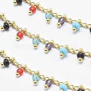 Handmade Glass Beaded Chains, Soldered, with Spool, Brass Chain, Golden, Long-Lasting Plated, Colorful, 6x2mm, Chain: about 2mm wide, about 32.8 Feet(10m)/roll(CHC-I026-H-05G)