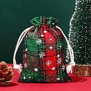 Christmas Themed Burlap Drawstring Bags, Rectangle Tartan Pouches for Christmas Party Supplies, Dark Green, 14x10cm(XMAS-PW0001-236G)
