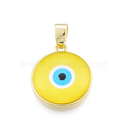 Glass Pendants, with Golden Plated Brass Findings, Flat Round with Evil Eye, Yellow, 19x16.5x5mm, Hole: 5x3.5mm(KK-I691-04B)
