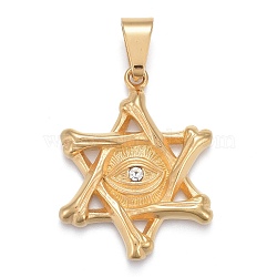 304 Stainless Steel Pendants, with Crystal Rhinestone, Star of David with Evil Eye, Golden, 42x32.5x4mm, Hole: 6x11.5mm(STAS-K214-29G)
