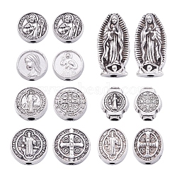 70pcs 7 Style Alloy Beads, Religion Theme, Mixed Shapes, Antique Silver & Silver, 9~18x8~10x2.5~6mm, Hole: 1~1.8mm(FIND-SW0001-15)