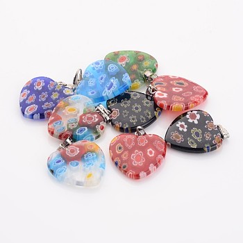 Handmade Millefiori Glass Pendants, with Iron Clasps, Heart, Mixed Color, 20x20x3.5mm, Hole: 2mm