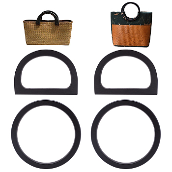 4Pcs 2 Style Wood D-Ring & Round Ring Bag Handles, for Bag Handle Replacement Accessories, Black, 13.9x1.2cm & 8.55x12x0.9cm, Inner Diameter: 11.35cm & 5.9x9.25cm, 2pcs/style