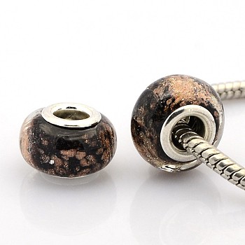 Handmade Lampwork Gold Sand Effect European Large Hole Rondelle Beads, with Silver Color Plated Brass Double Cores, Black, 14x9mm, Hole: 5mm
