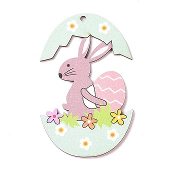Easter Theme Wood Big Pendants, Egg with Rabbit Charm, Pale Goldenrod, 90x57x2mm, Hole: 3.2mm
