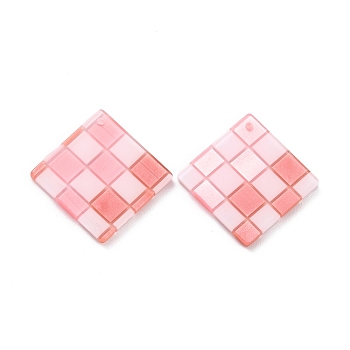 Checkerboard Style Rhombus Acrylic Pendants, Pink, 28x28x2.5mm, Hole: 1.2mm