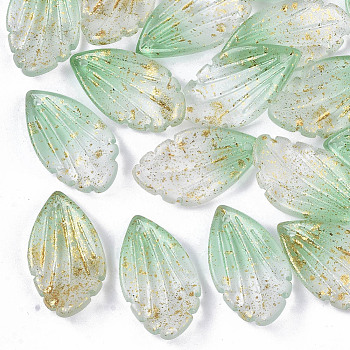Two Tone Transparent Spray Painted Glass Pendants, with Glitter Powder, Frosted, Leaf, Lime Green, 22.5x12.5x4.5mm, Hole: 1mm