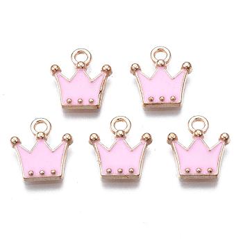 Alloy Charms, with Enamel, Cadmium Free & Lead Free, Crown, Light Gold, Pearl Pink, 11.5x10.5x2mm, Hole: 1.5mm