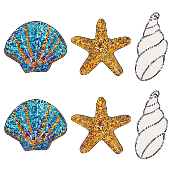 6Pcs 3 Style Beach Theme Glitter Cloth Patches, Iron on/Sew On Sequin Applique, for Sewing Craft Decoration, Starfish & Shell & Conch Shape, Mixed Color, 100~150x64~125x1mm, 2pcs/style