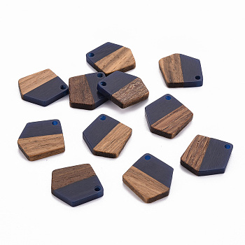 Transparent Resin & Walnut Wood Pendants, Waxed, Polygon, Marine Blue, 20.5x18.5x3~4mm, Hole: 2mm