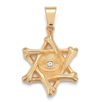 304 Stainless Steel Pendants, with Crystal Rhinestone, Star of David with Evil Eye, Golden, 42x32.5x4mm, Hole: 6x11.5mm
