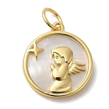 Natural Shell Pendants, Rack Plating Brass Prayer Angel Charms, with Jump Ring, Lead Free & Cadmium Free, Real 18K Gold Plated, 17.5x15.5x2.5mm, Hole: 4.5mm