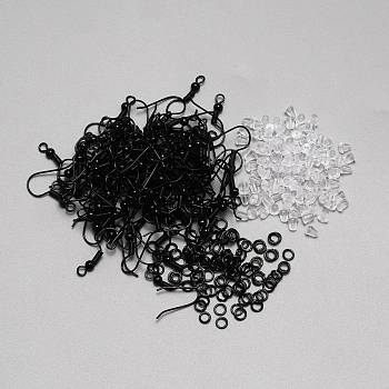 100Pcs Iron Earring Hooks, with Horizontal Loops, with 100Pcs Open Jump Rings and 100Pcs Plastic Ear Nuts, Electrophoresis Black, 19.5mm, Hole: 2mm, Pin: 0.6mm