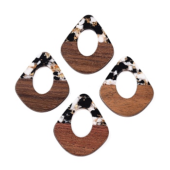 Transparent Resin and Walnut Wood Pendants, Hollow Teardrop Charms with Gold Foil, Black, 48x41x4mm, Hole: 2mm